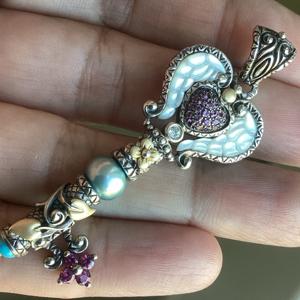 Barbara Bixby Rare HTF mop angel wing heart key pendant sterling silver 18k gold